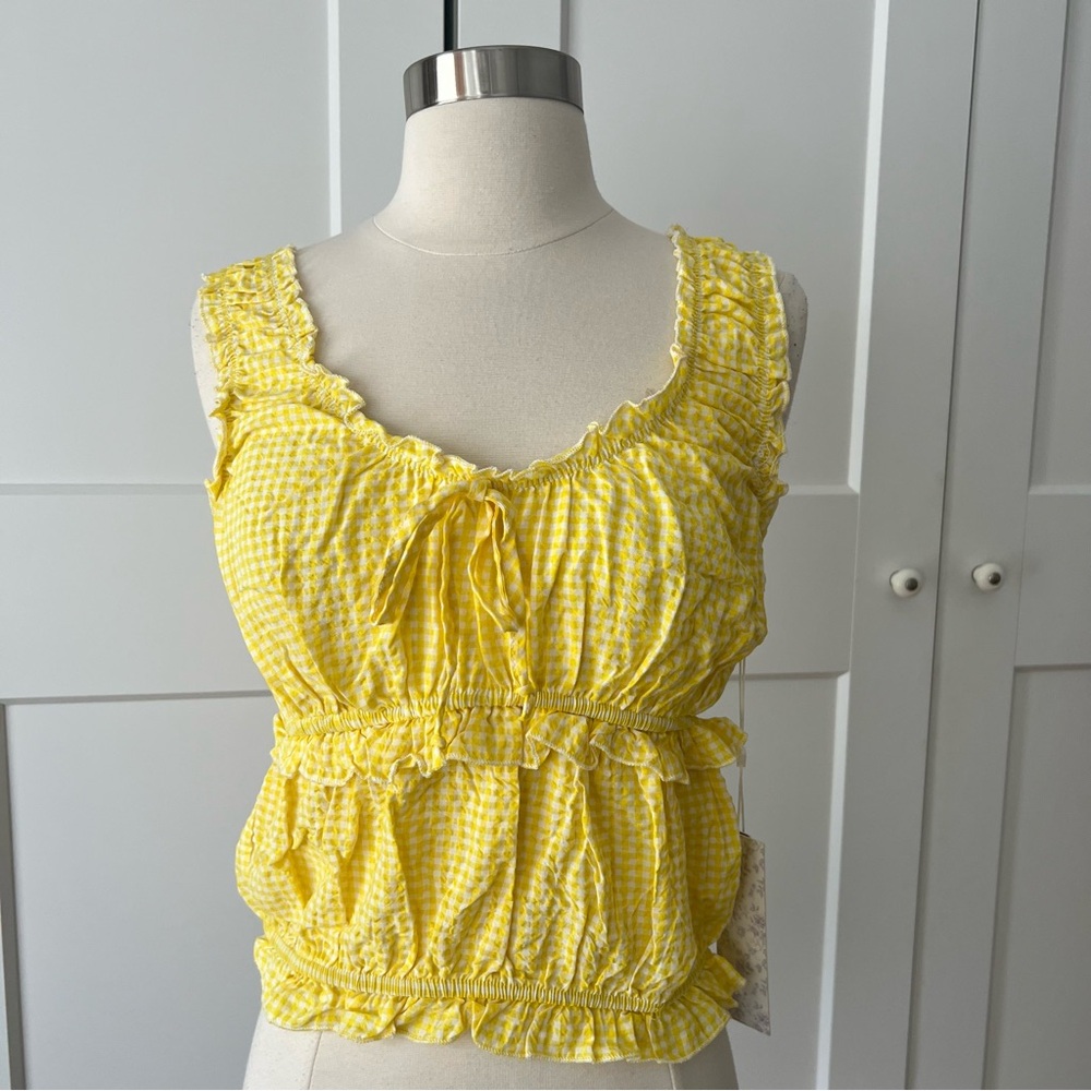 Yellow Gingham Sleeveless Gathered Ruffle Cropped Top size Medium